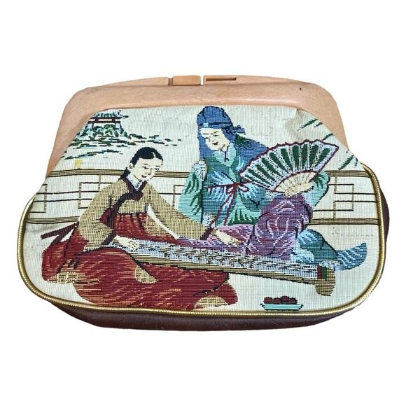 Vintage 70s Asian Tapestry Clutch Handbag Multi-Color Scenery Mini Bag Purse - Picture 2 of 9